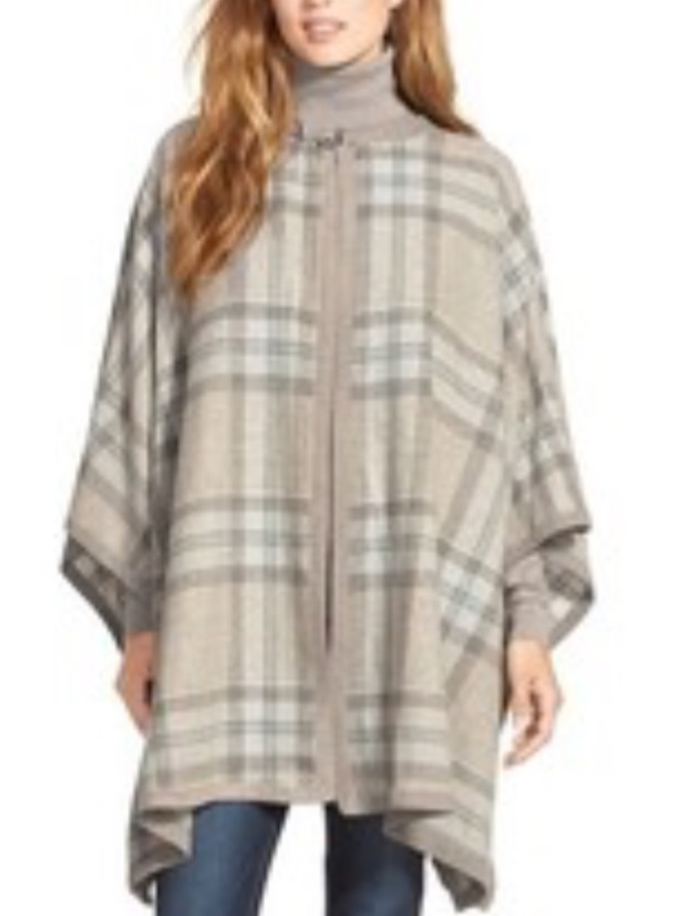 Ralph Lauren suede trim wool cashmere blend Poncho Coat beige plaid L XL